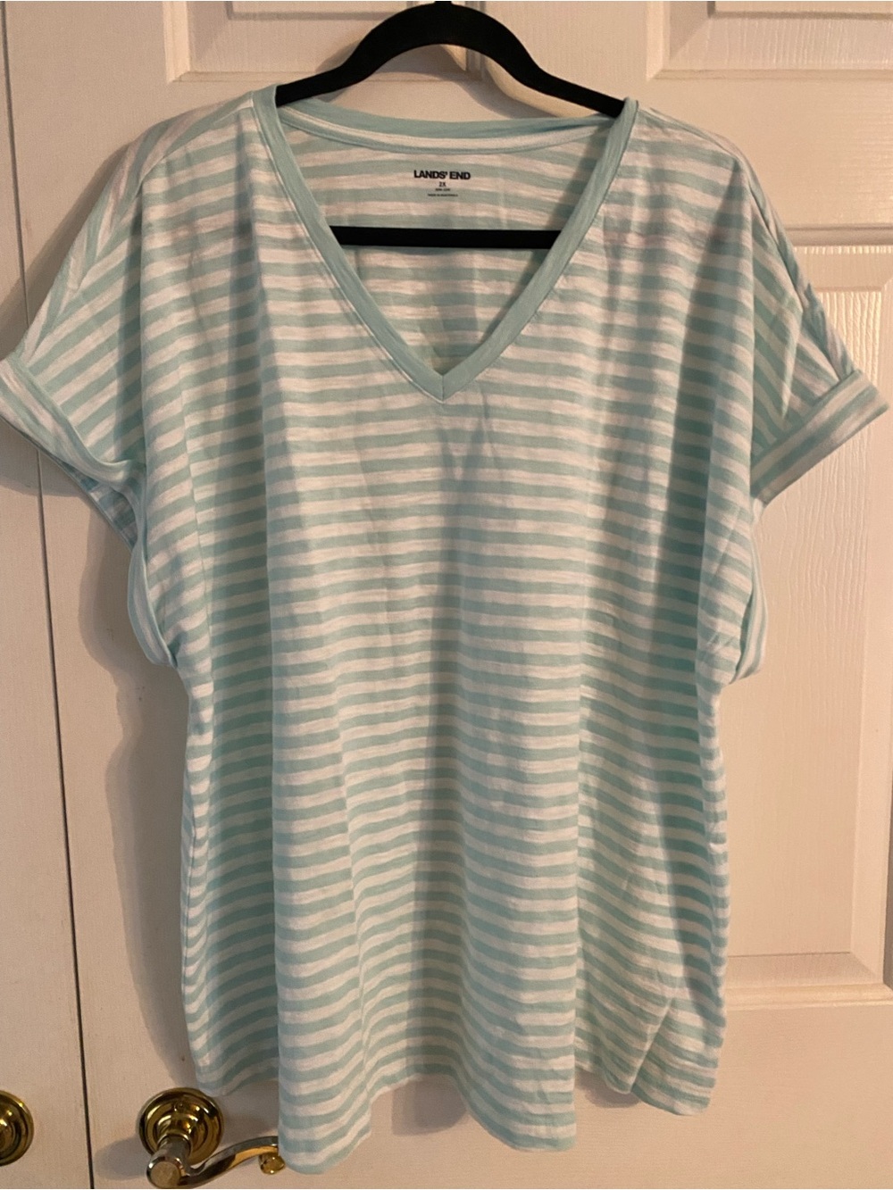 Lands' End Women's Mint & White Striped V-Neck Short Sleeve T-Shirt Top -2X
